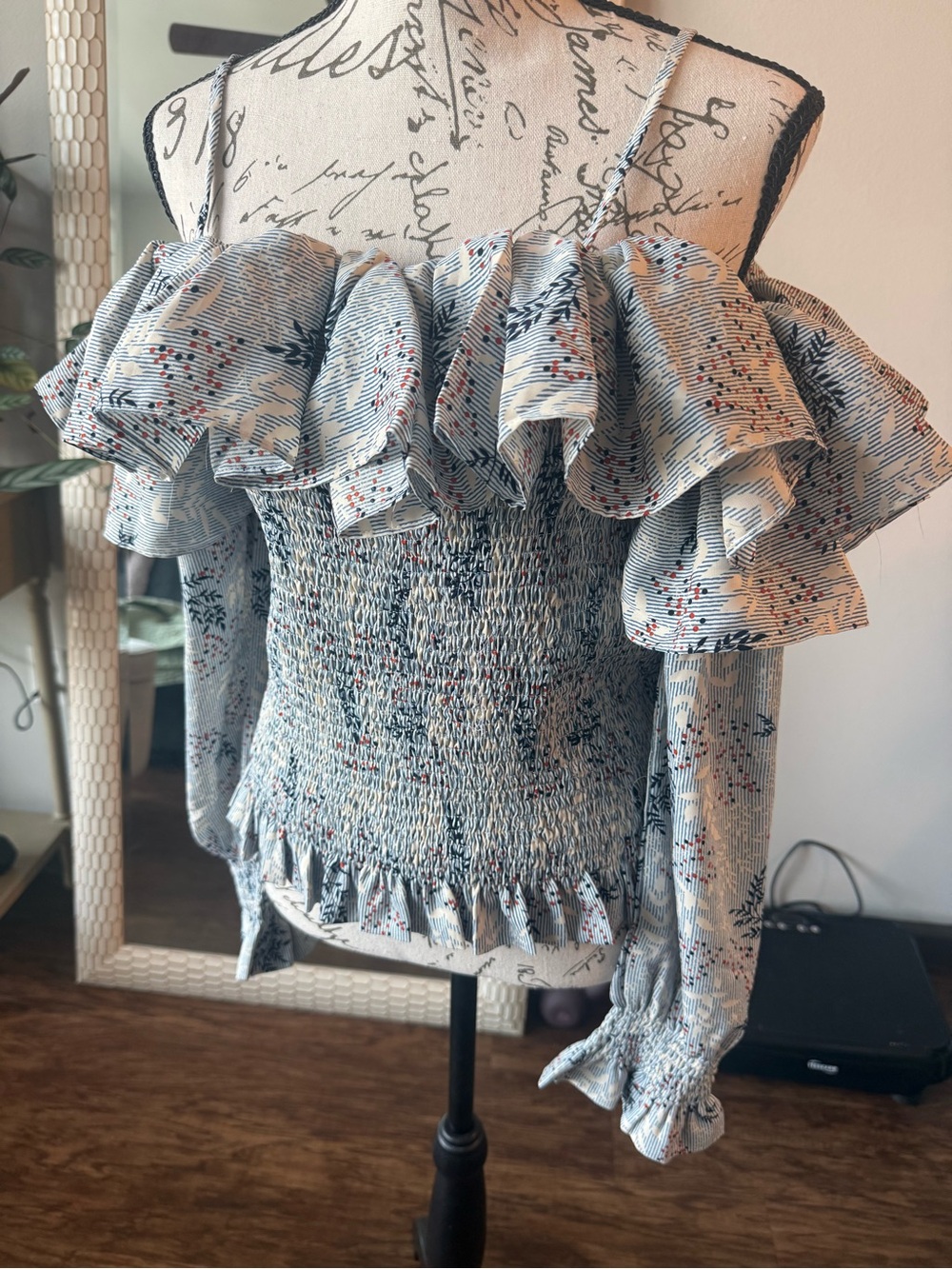 Gracia Blue Floral Off-Shoulder Smocked Ruffle Blouse